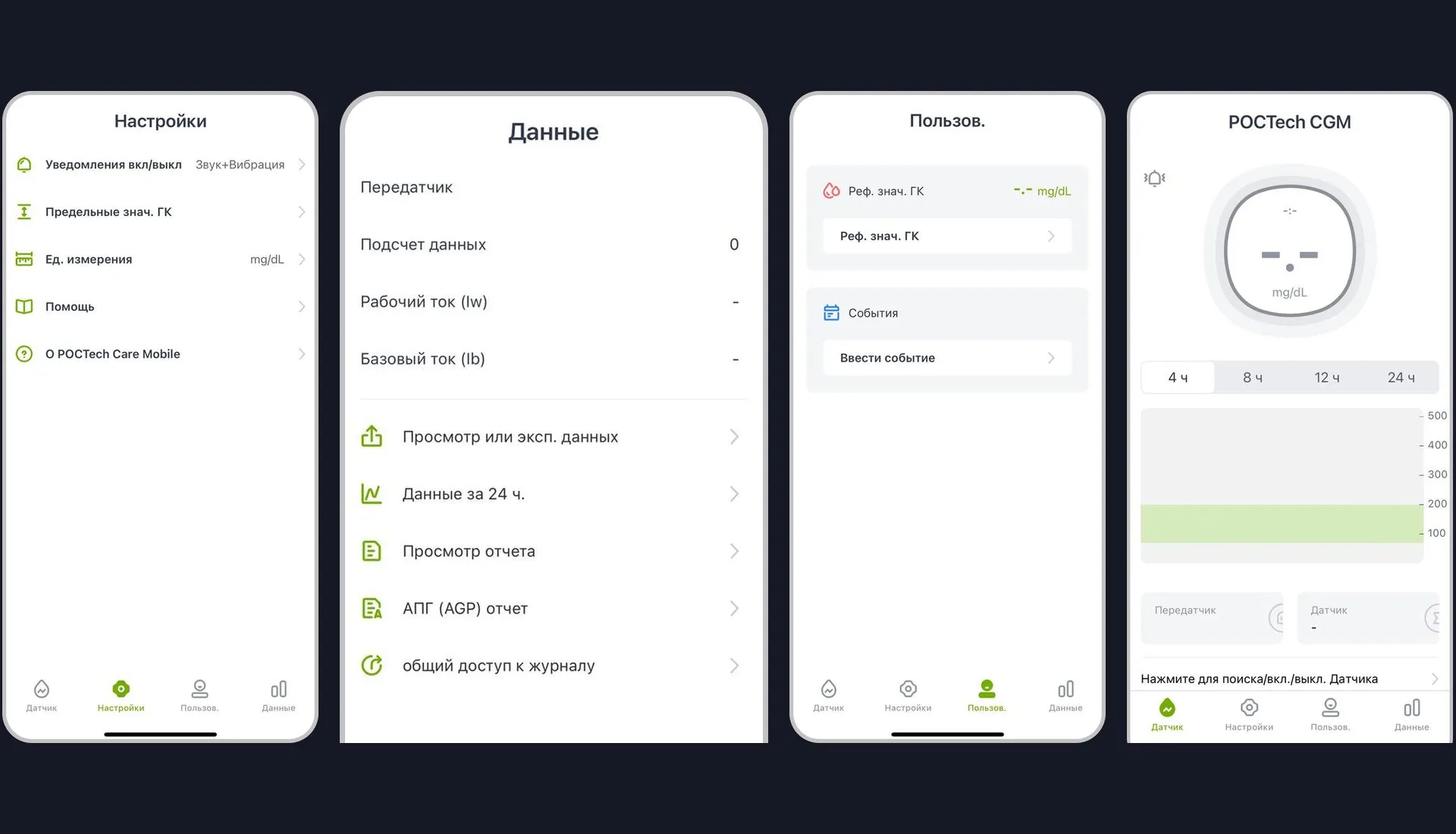 Continuous glucose monitoring app screens