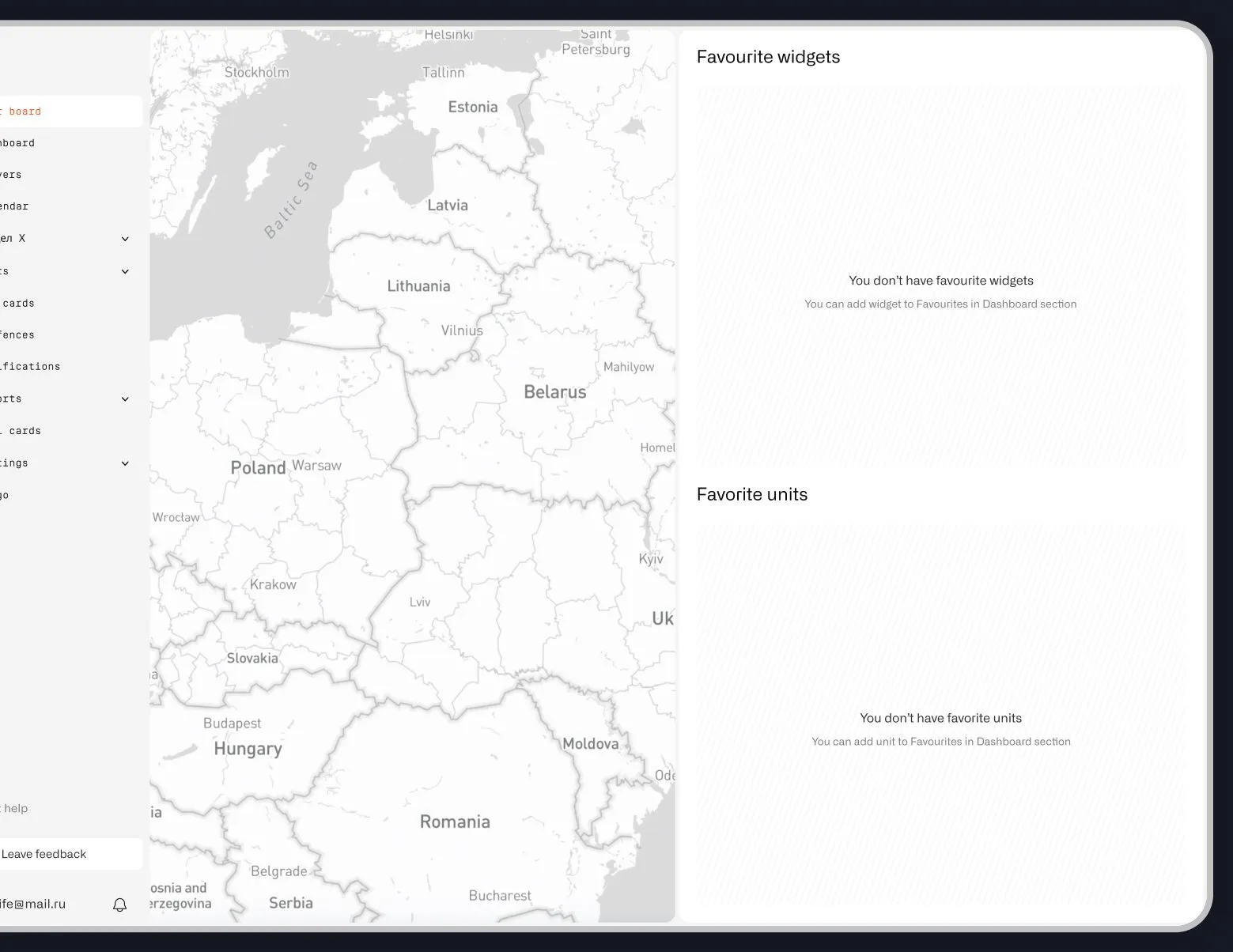 Main map view with the vehicle list and favourite widgets