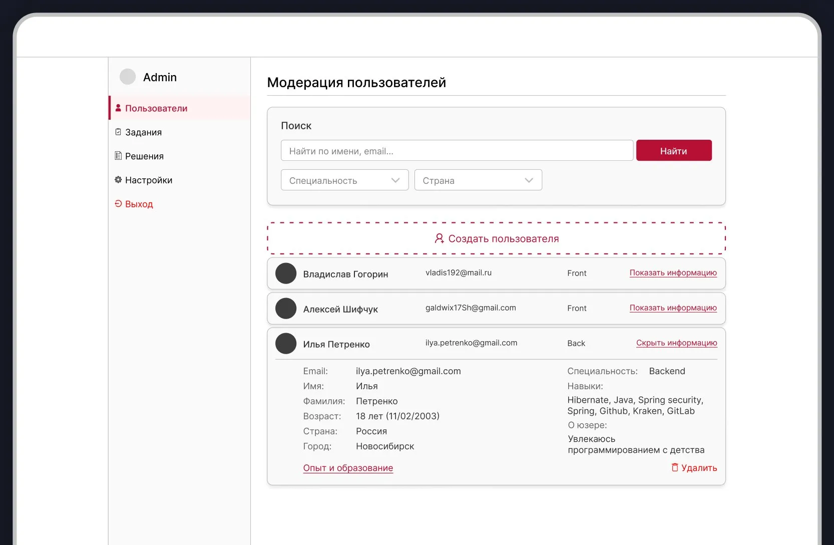 Admin panel: user moderation with candidate profiles