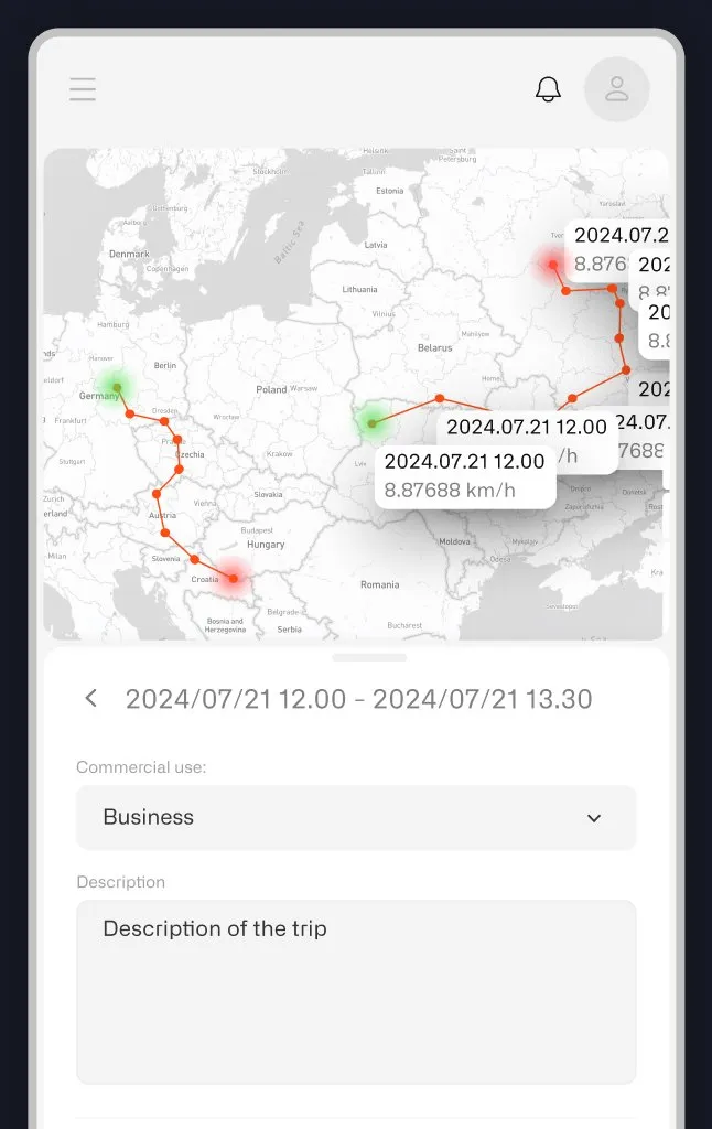 Mobile screen with trip route playback on the map
